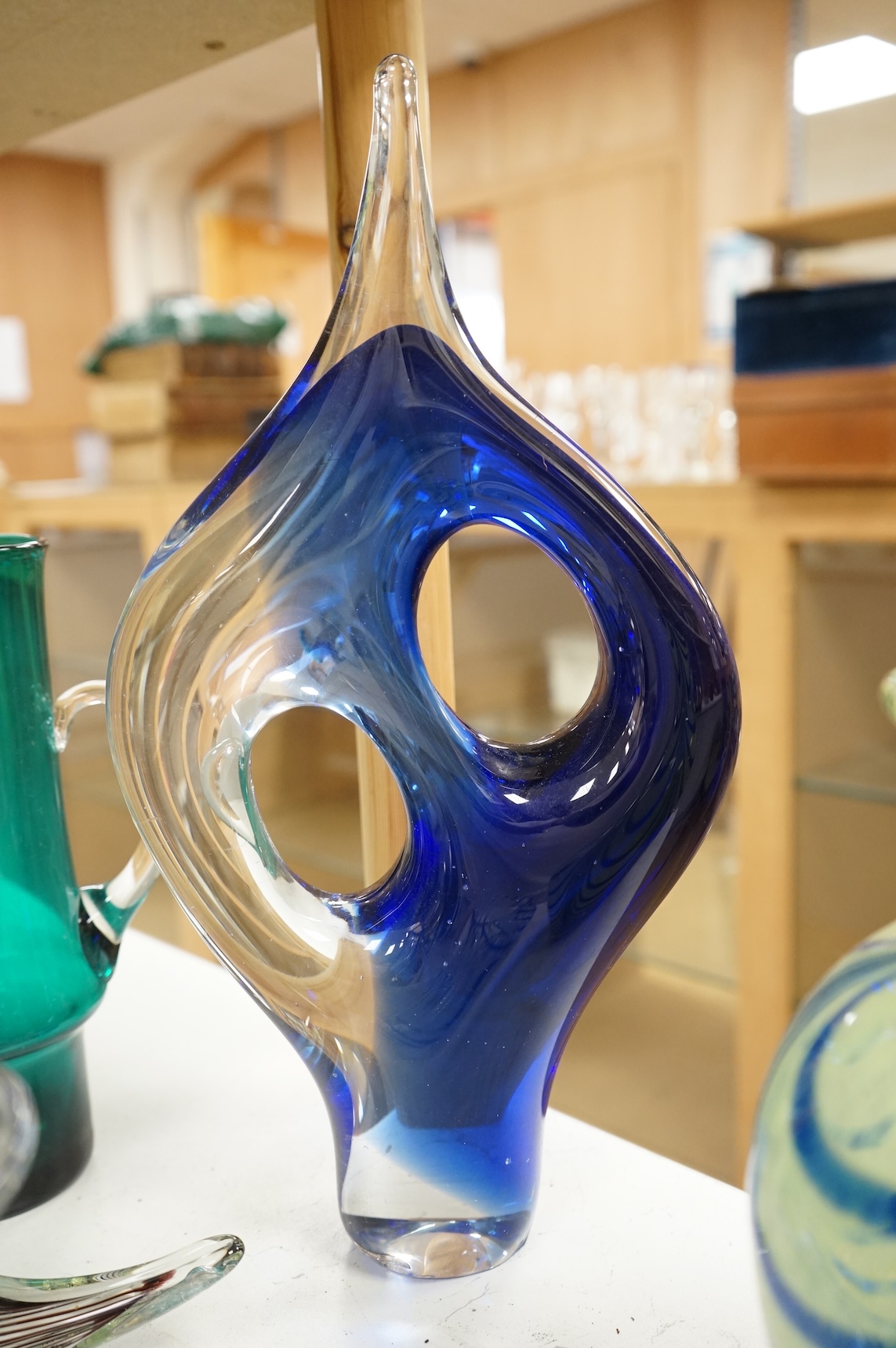 A collection of mid century and later art glass vases and ornaments, largest 39cm high